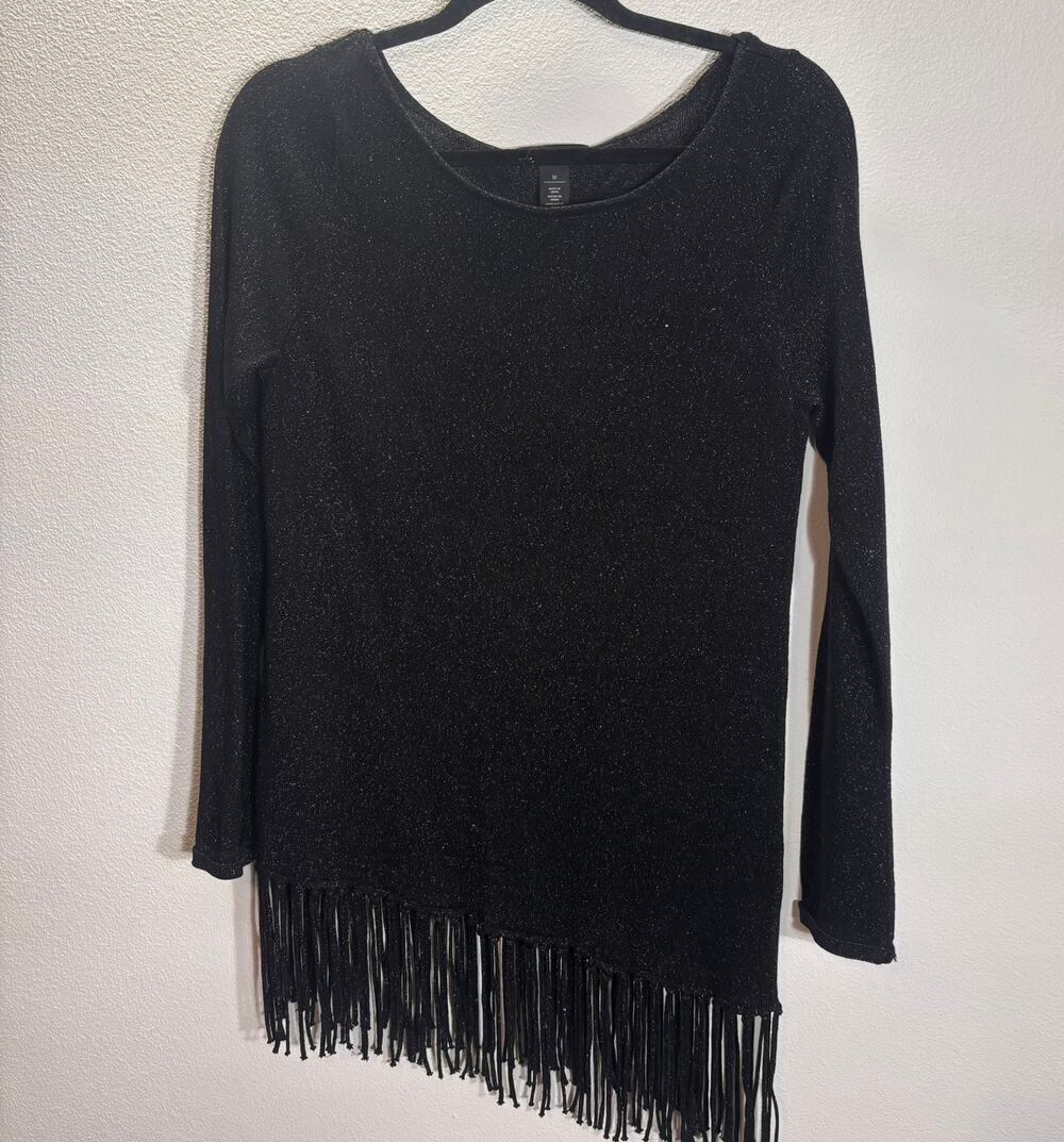 White House Black Market Fringe Sparkle Knit Top Black Medium Boho Party